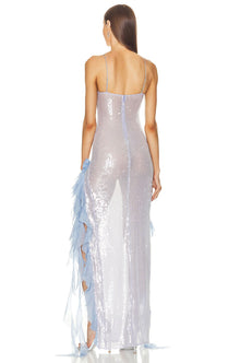 Spaghetti Strap Double-Slit Chiffon Sequin-Panel Dress