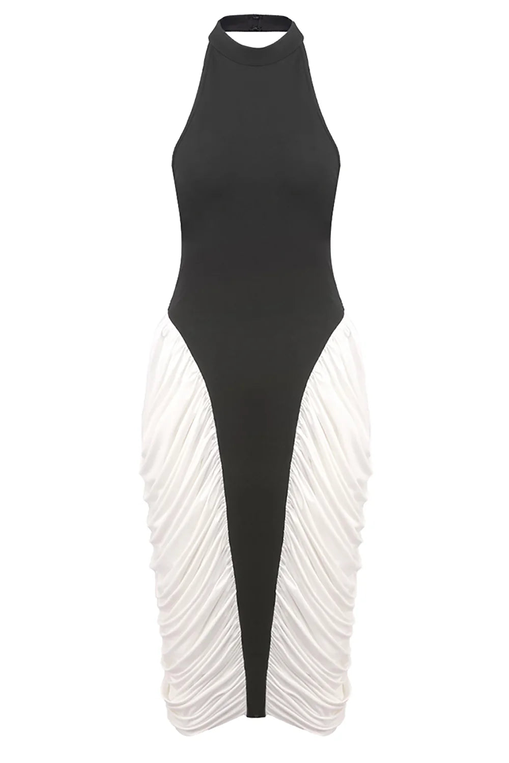 Halter High-Neck Sleeveless Backless Black-and-White Pleated Dress