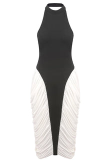 Halter High-Neck Sleeveless Backless Black-and-White Pleated Dress