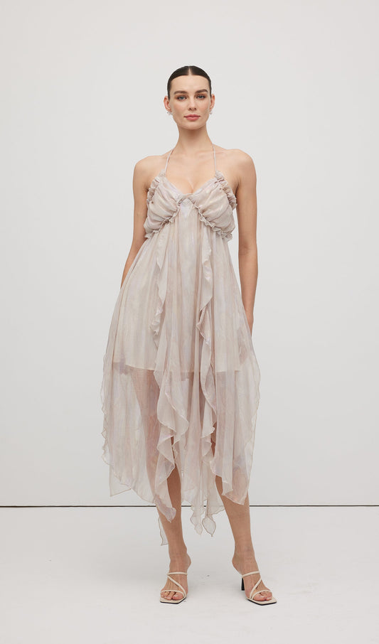 Halter Tulle Pleated Midi Dress