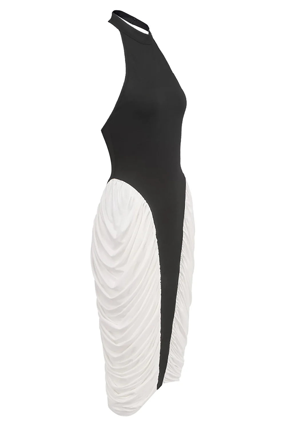 Halter High-Neck Sleeveless Backless Black-and-White Pleated Dress