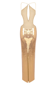Gold Sequin Halter Front-Center Cutout Back-Slit Dress