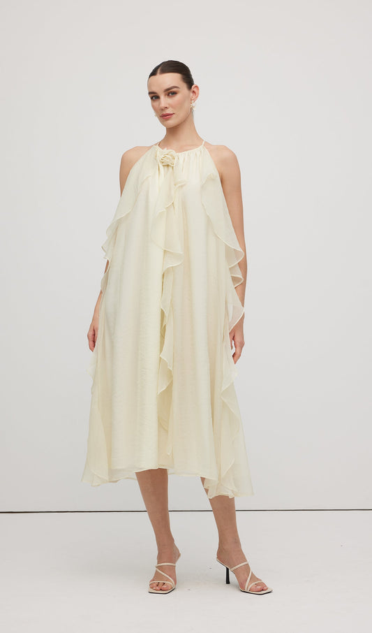 Halterneck Rose Detail Ruffle Midi Dress