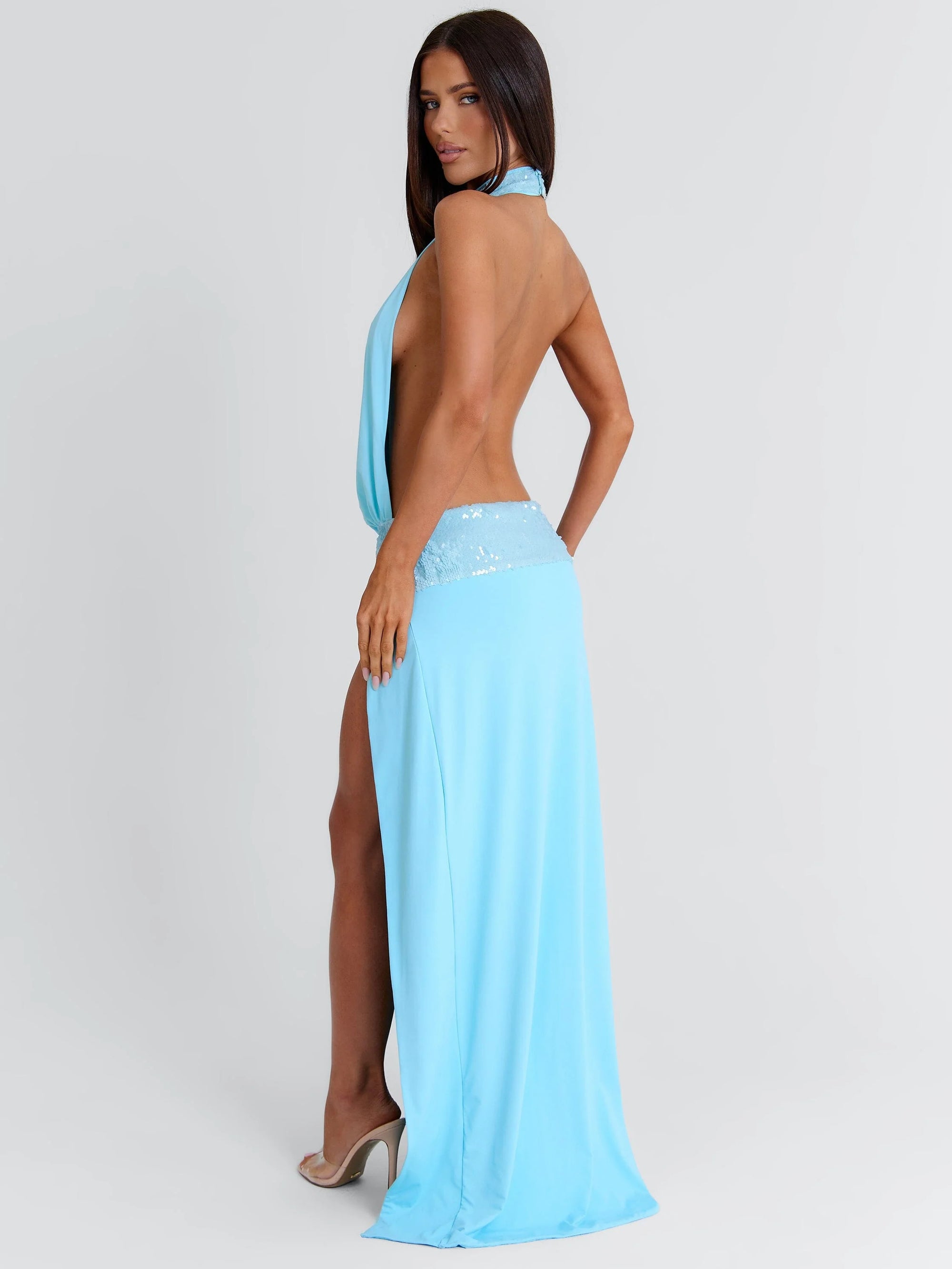 High-Neck Sleeveless Sequin-Panel High-Slit Backless Dress