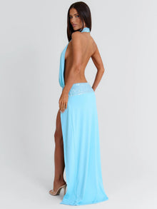 High-Neck Sleeveless Sequin-Panel High-Slit Backless Dress