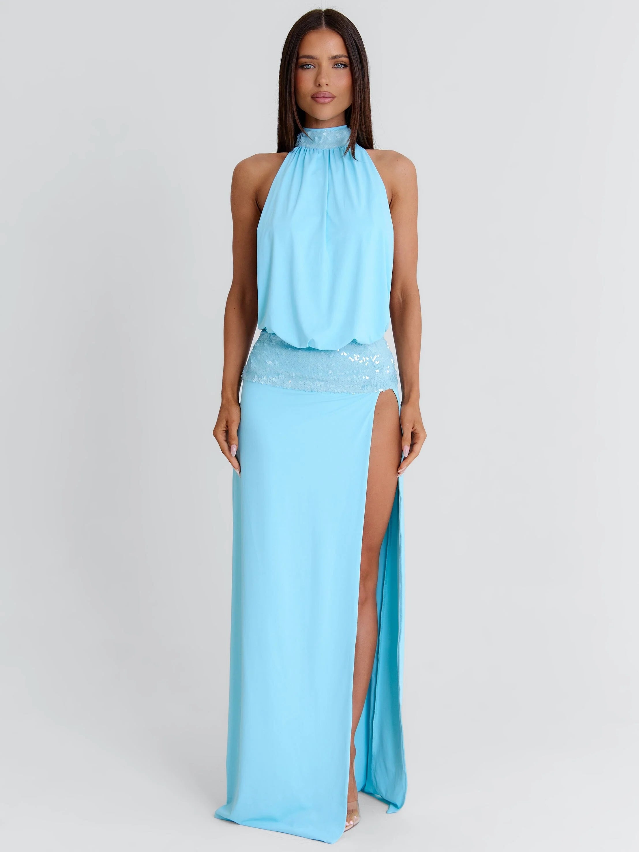 High-Neck Sleeveless Sequin-Panel High-Slit Backless Dress