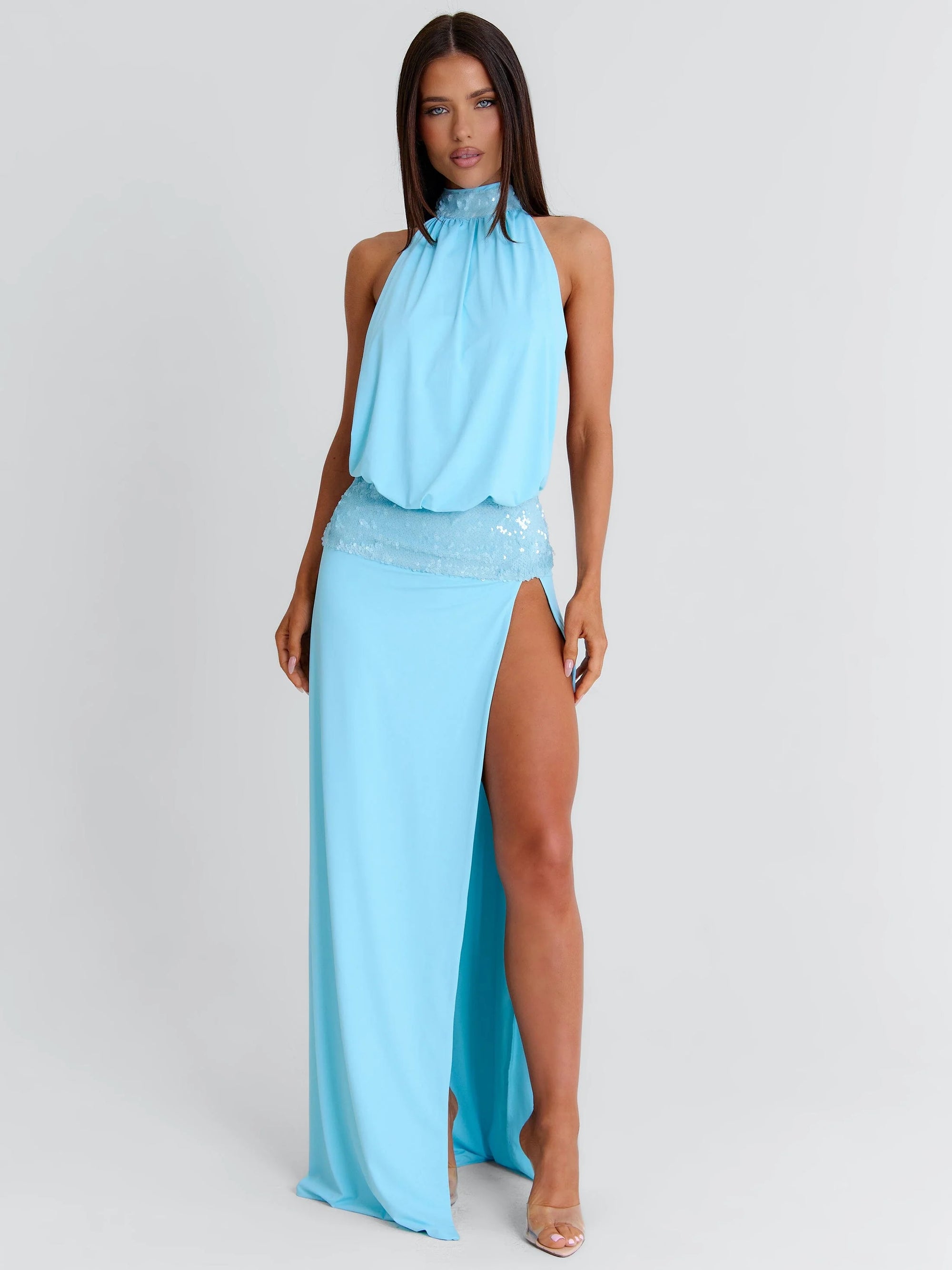High-Neck Sleeveless Sequin-Panel High-Slit Backless Dress