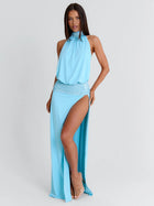 High-Neck Sleeveless Sequin-Panel High-Slit Backless Dress