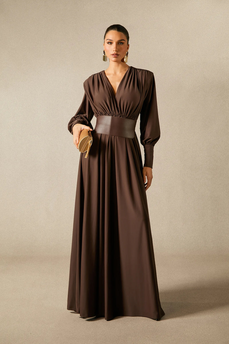 Deep V-Neck Lantern Sleeve Draped Pleated Dress
