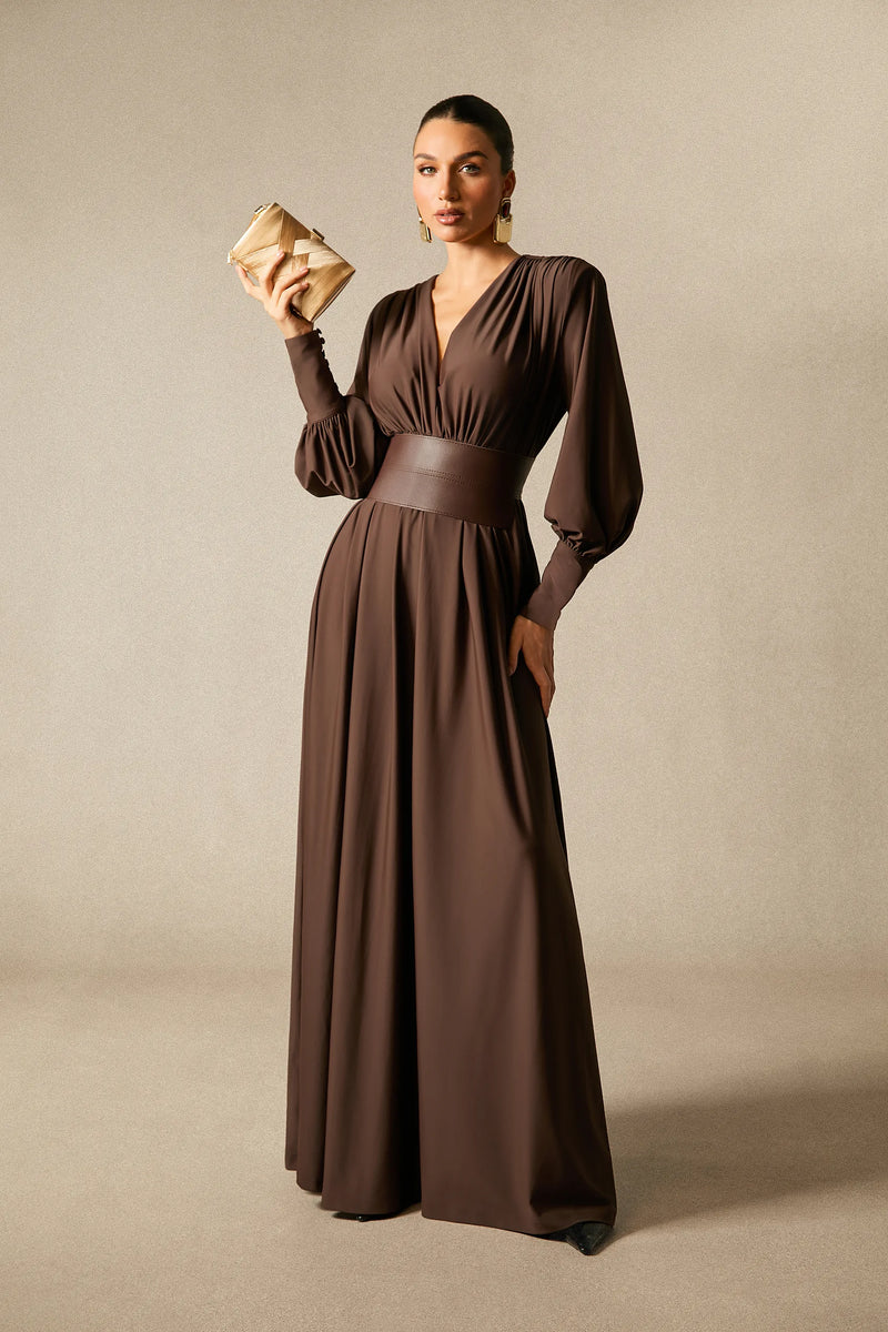 Deep V-Neck Lantern Sleeve Draped Pleated Dress