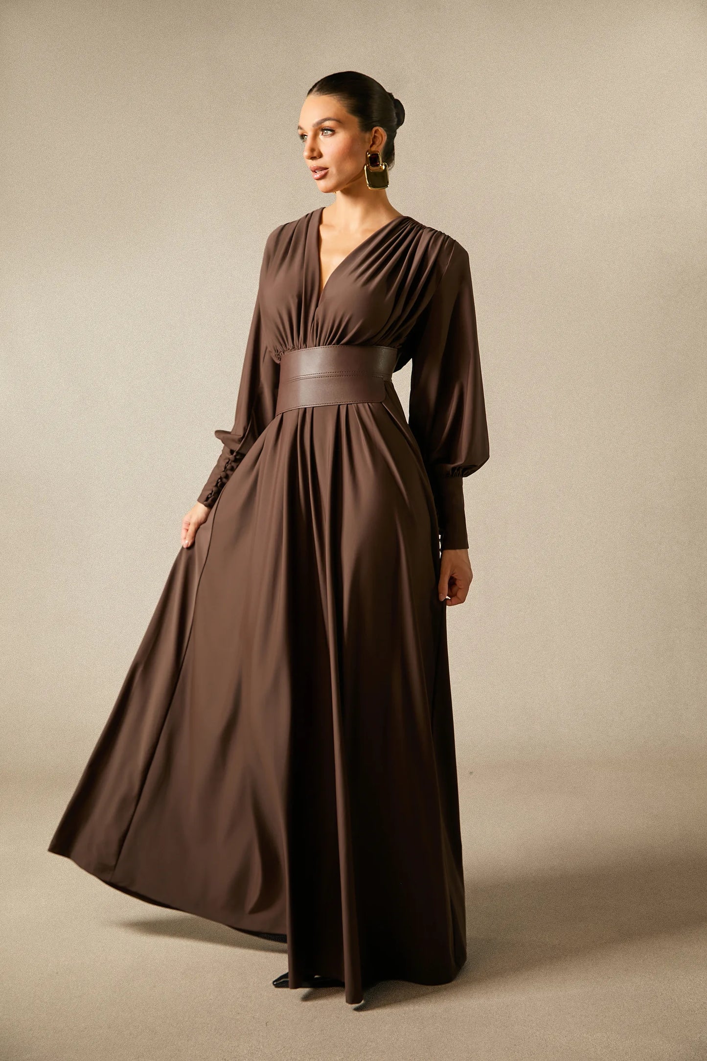 Deep V-Neck Lantern Sleeve Draped Pleated Dress