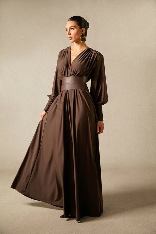 Deep V-Neck Lantern Sleeve Draped Pleated Dress
