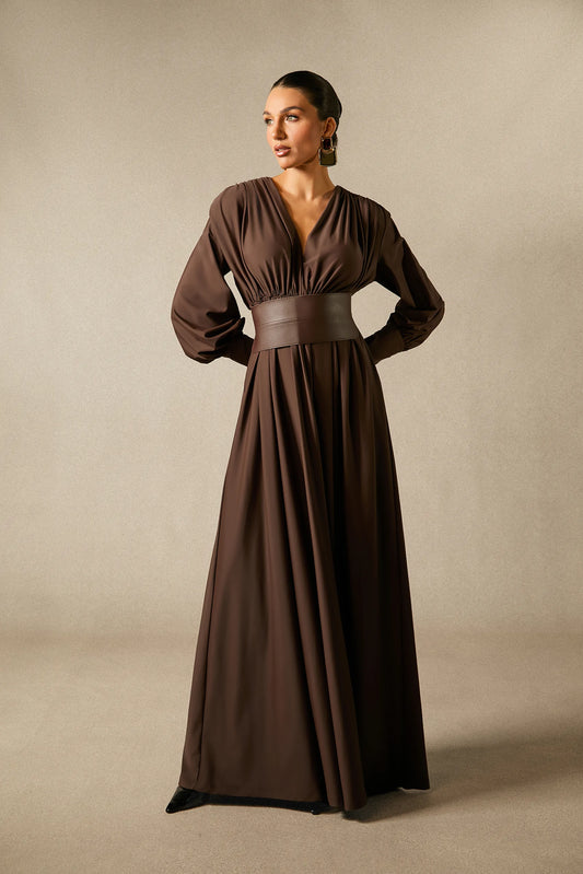 Deep V-Neck Lantern Sleeve Draped Pleated Dress