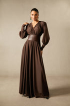 Deep V-Neck Lantern Sleeve Draped Pleated Dress