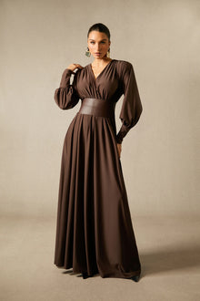 Deep V-Neck Lantern Sleeve Draped Pleated Dress