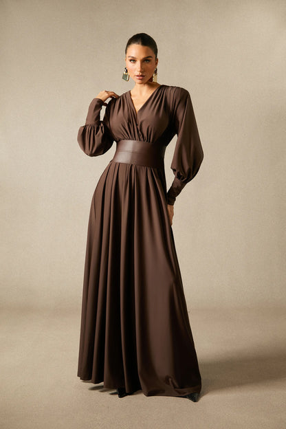 Deep V-Neck Lantern Sleeve Draped Pleated Dress