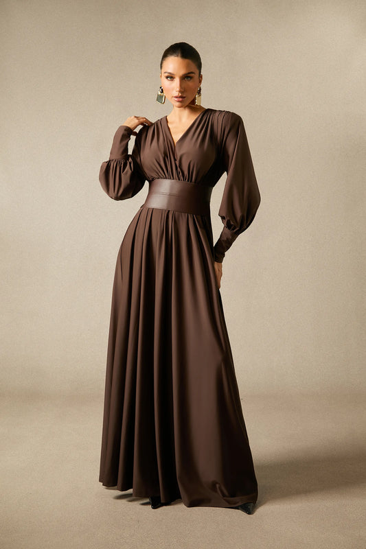 Deep V-Neck Lantern Sleeve Draped Pleated Dress