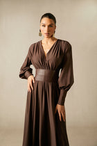 Deep V-Neck Lantern Sleeve Draped Pleated Dress