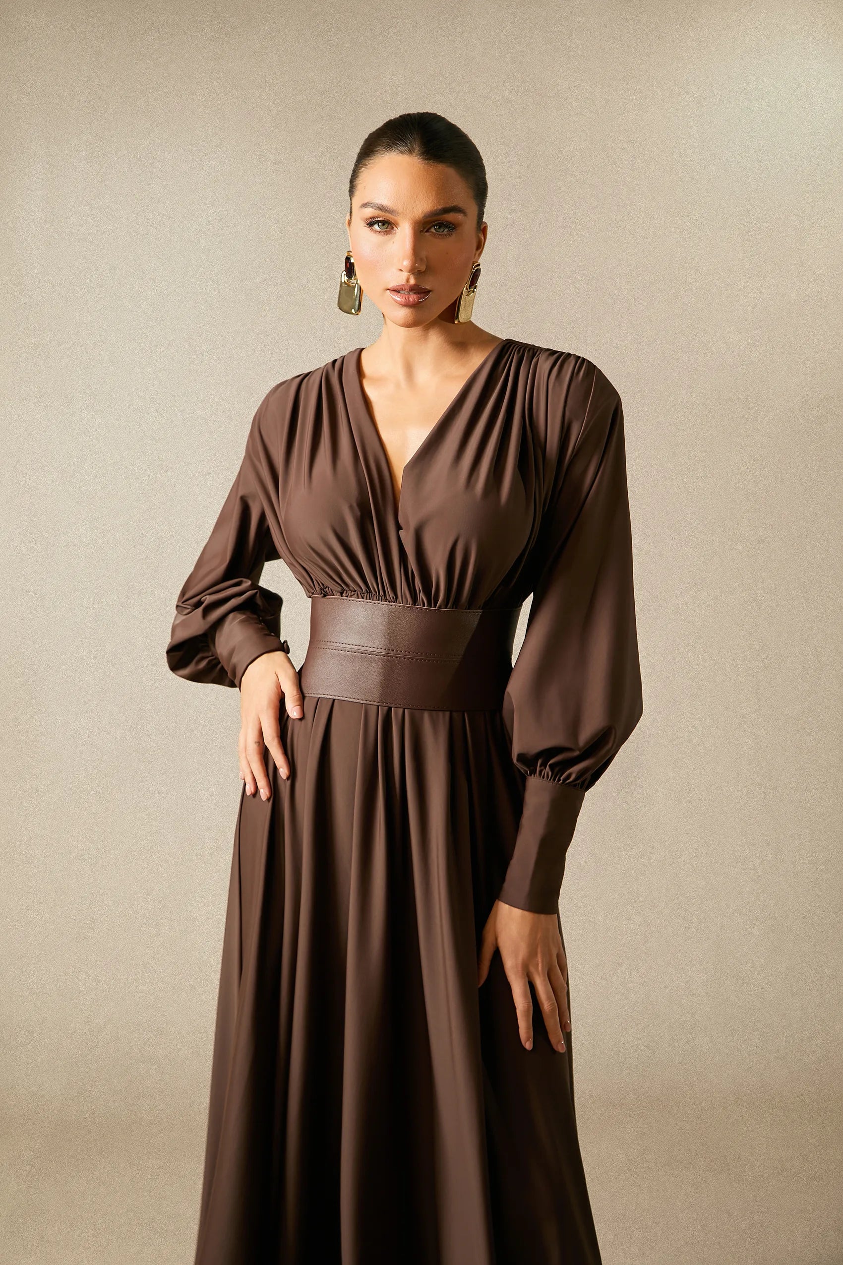Deep V-Neck Lantern Sleeve Draped Pleated Dress