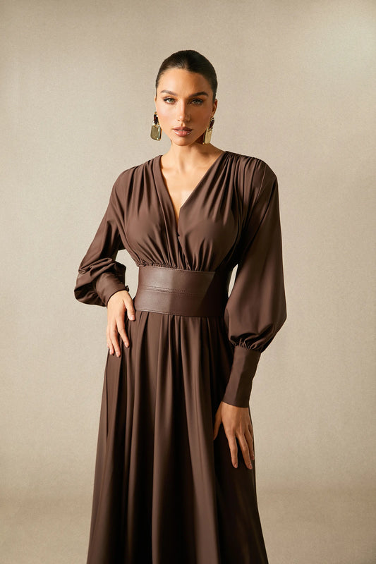 Deep V-Neck Lantern Sleeve Draped Pleated Dress