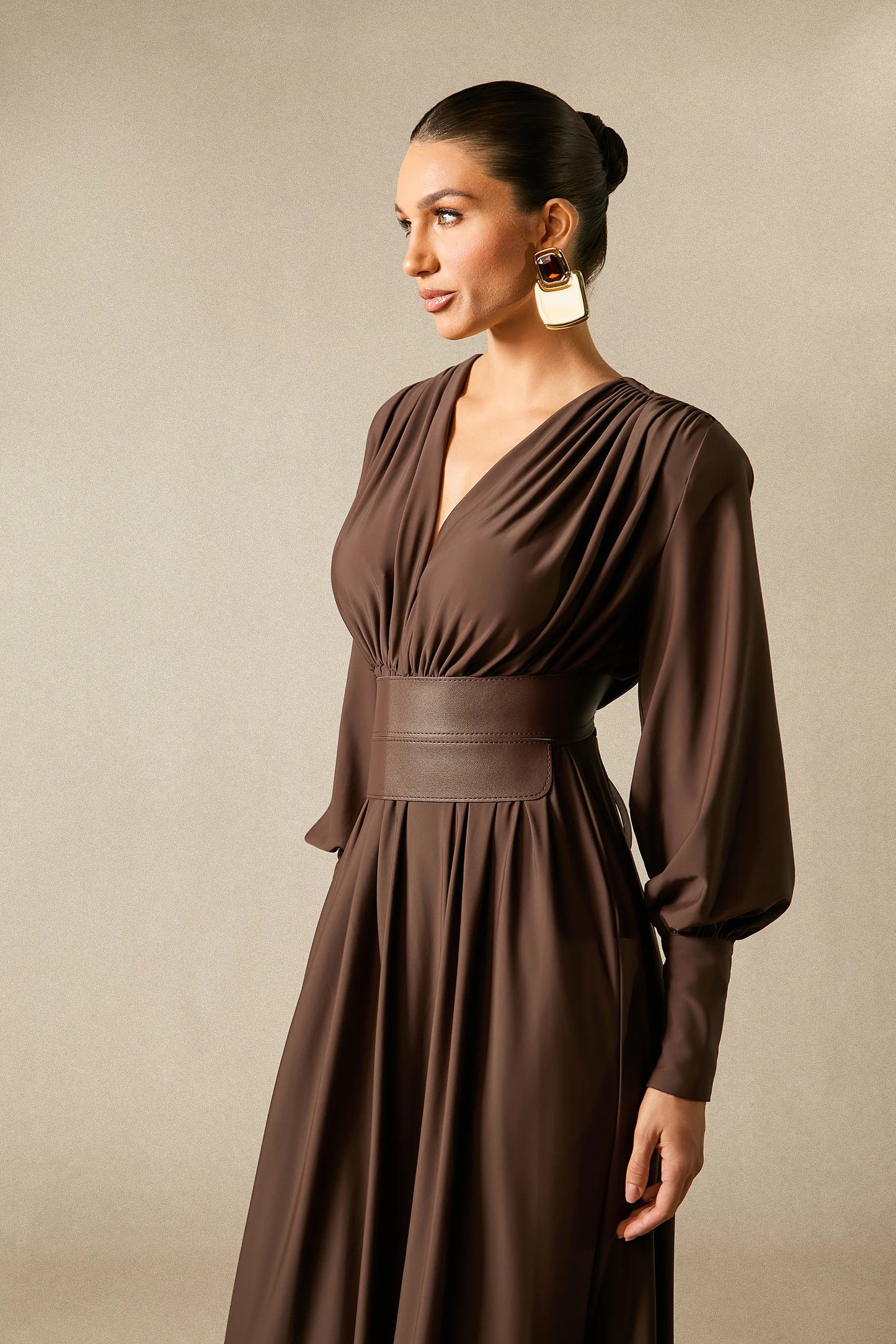 Deep V-Neck Lantern Sleeve Draped Pleated Dress