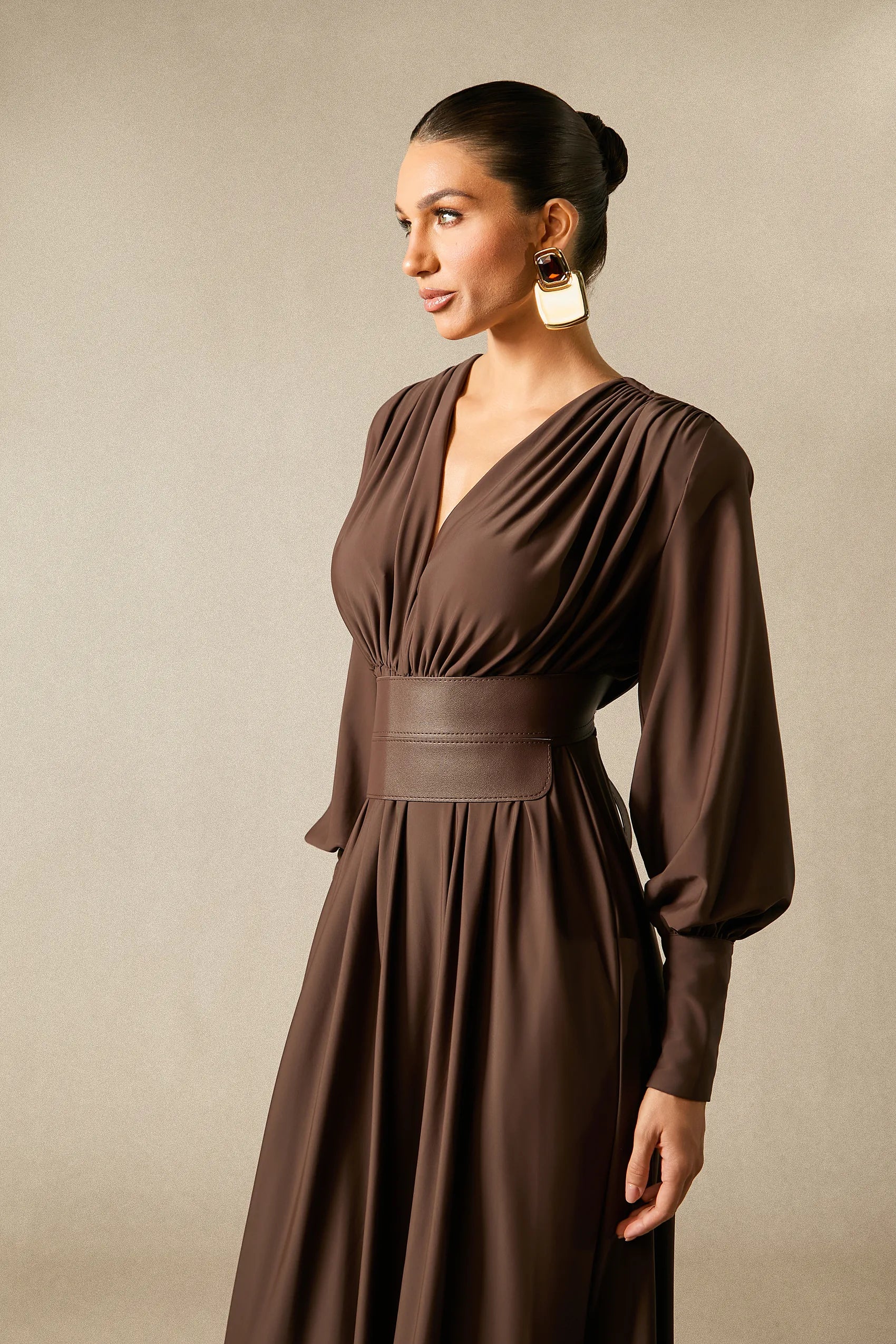 Deep V-Neck Lantern Sleeve Draped Pleated Dress