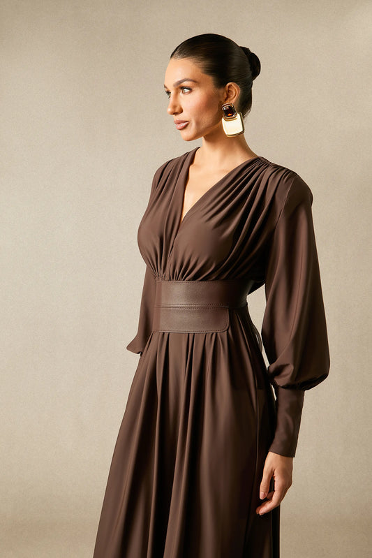 Deep V-Neck Lantern Sleeve Draped Pleated Dress