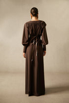 Deep V-Neck Lantern Sleeve Draped Pleated Dress