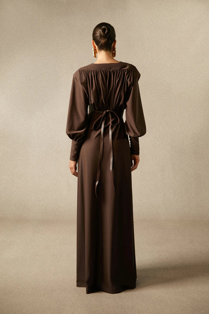 Deep V-Neck Lantern Sleeve Draped Pleated Dress