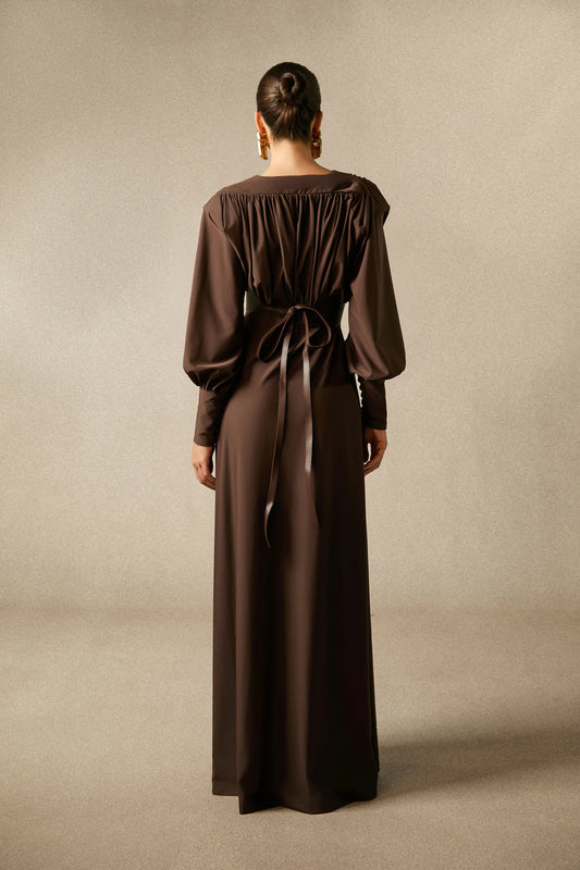 Deep V-Neck Lantern Sleeve Draped Pleated Dress
