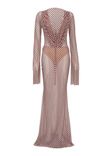 Long-Sleeve V-Neck Tie-Detail Striped Mesh Dress