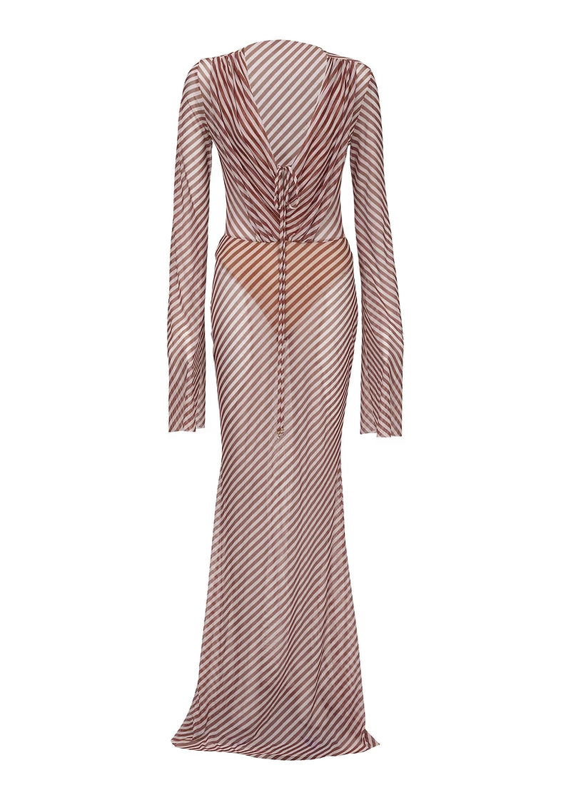 Long-Sleeve V-Neck Tie-Detail Striped Mesh Dress