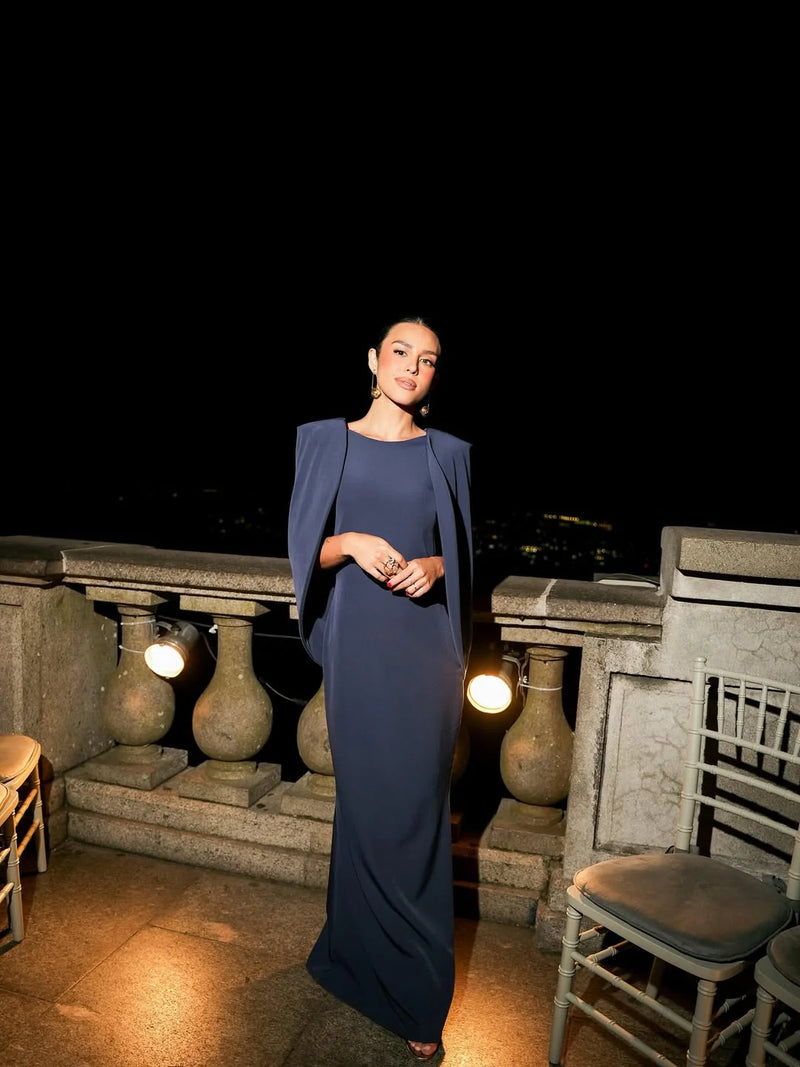 Navy blue and oyster-colored dress