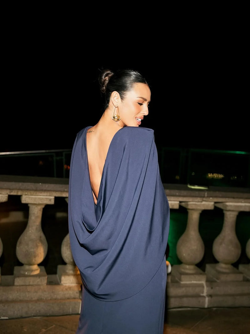 Navy blue and oyster-colored dress