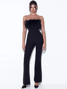 Bandeau Ostrich Feather Trim Bodycon Flare Leg Jumpsuit