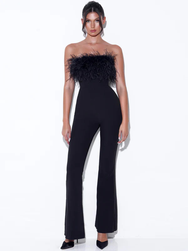 Bandeau Ostrich Feather Trim Bodycon Flare Leg Jumpsuit