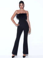 Bandeau Ostrich Feather Trim Bodycon Flare Leg Jumpsuit