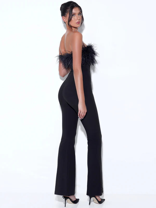 Bandeau Ostrich Feather Trim Bodycon Flare Leg Jumpsuit