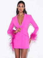 Deep V-Neck Velvet-Lapel Long-Sleeve Ostrich-Feather Blazer Dress