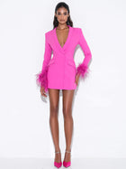 Deep V-Neck Velvet-Lapel Long-Sleeve Ostrich-Feather Blazer Dress