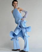 Sleeveless Pleated Tie-Hem Horsehair-Trim Blue Dress
