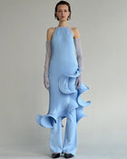 Sleeveless Pleated Tie-Hem Horsehair-Trim Blue Dress