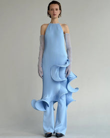 Sleeveless Pleated Tie-Hem Horsehair-Trim Blue Dress