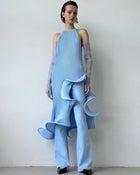 Sleeveless Pleated Tie-Hem Horsehair-Trim Blue Dress