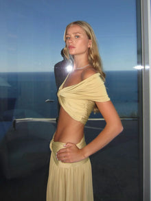 V-Neck Drop Shoulder Twist Detail Top & Draped Ruched Maxi Skirt