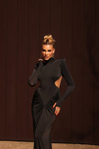 High-Neck  Waist Cut-Out  Ruched Maxi Dress