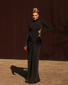 High-Neck  Waist Cut-Out  Ruched Maxi Dress