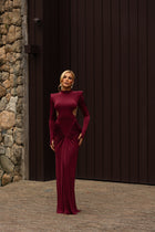 High-Neck  Waist Cut-Out  Ruched Maxi Dress