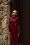 High-Neck  Waist Cut-Out  Ruched Maxi Dress
