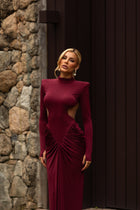 High-Neck  Waist Cut-Out  Ruched Maxi Dress